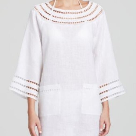 Tory Burch Solamir White Linen Cut-Out Kaftan Tunic Cover-Up Mini Dress Beach - Picture 1 of 10